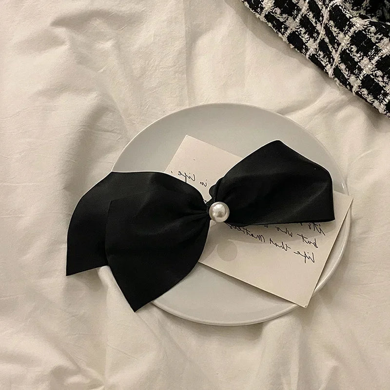 Korean Style Simple Black Ribbon Satin Bow Hair Clip Sweet Elegant Imitation Pearl Barrette Hair Grip Hair Pin for Women Girls