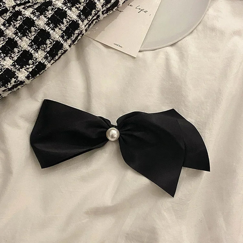 Korean Style Simple Black Ribbon Satin Bow Hair Clip Sweet Elegant Imitation Pearl Barrette Hair Grip Hair Pin for Women Girls